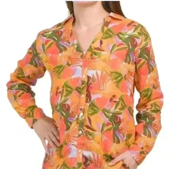 C&C CALIFORNIA Linen Shirt Roll Tab Sleeve‎ Starburst Tropic Print Top SZ small - Picture 1 of 5